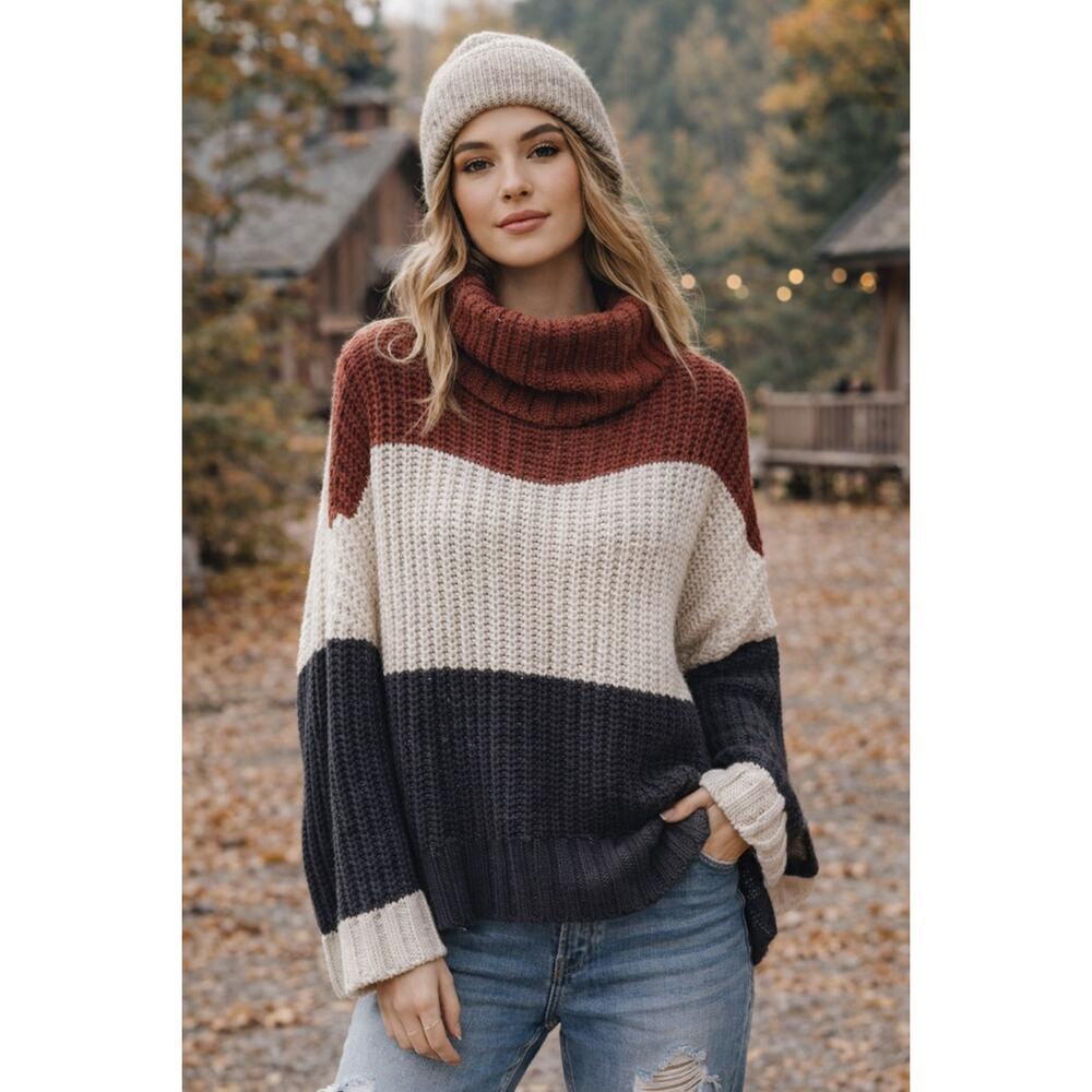 POL Oversized Chunky Knit Colorblock Turtleneck Sweater Size Medium
